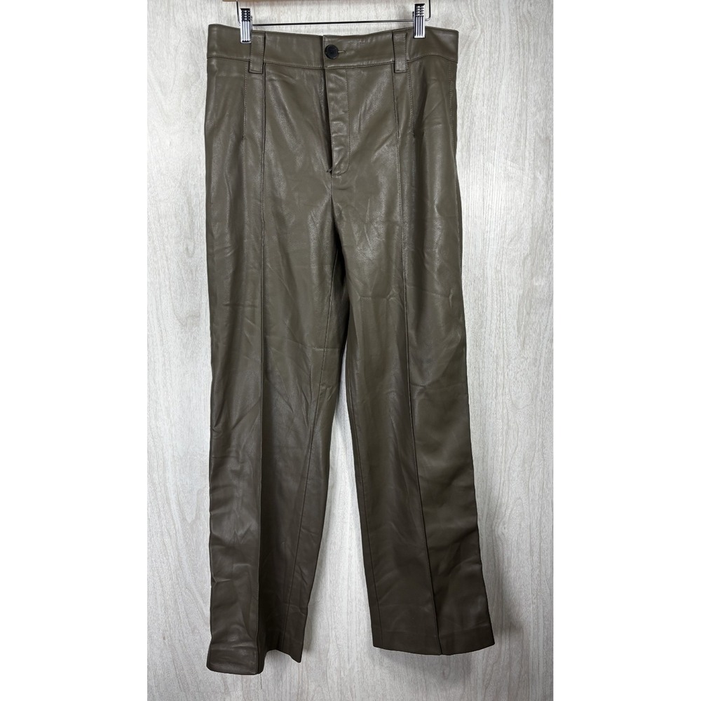Zara Faux Leather Pants Womens L Khaki Brown High Rise Straight Leg Vegan Y2K - Picture 2 of 6